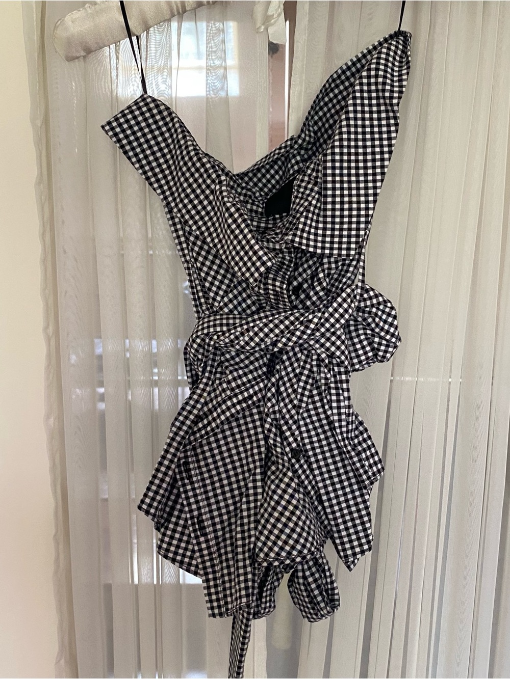 INTERMIX Black and White Gingham Ruffled One-Shoulder Top
